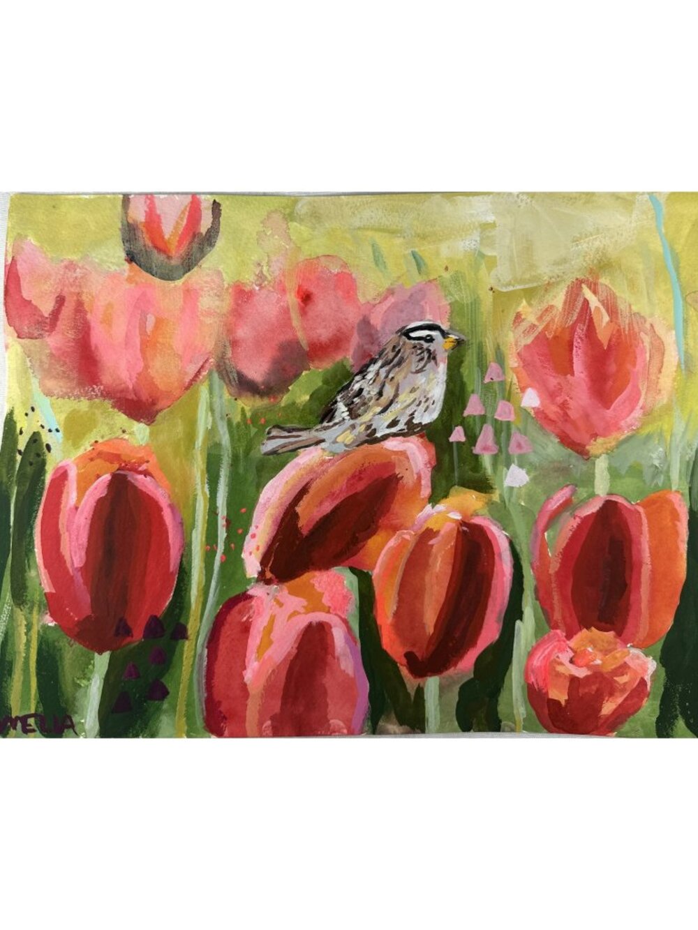 Original Art Painting Tulips Bird Floral Sparrow OOAK Garden Home Decor 9x12